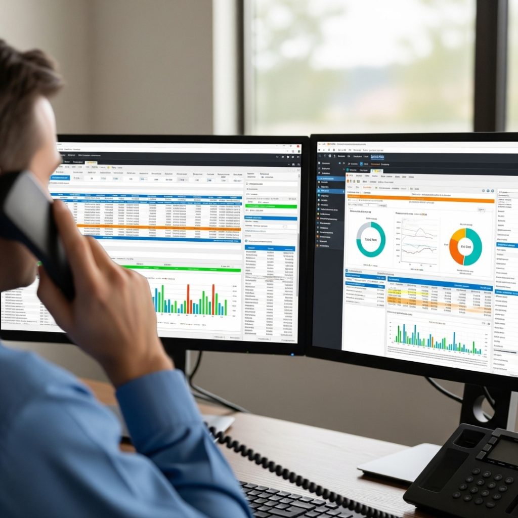 Freight dispatcher on the phone, checking load rates on dual monitors