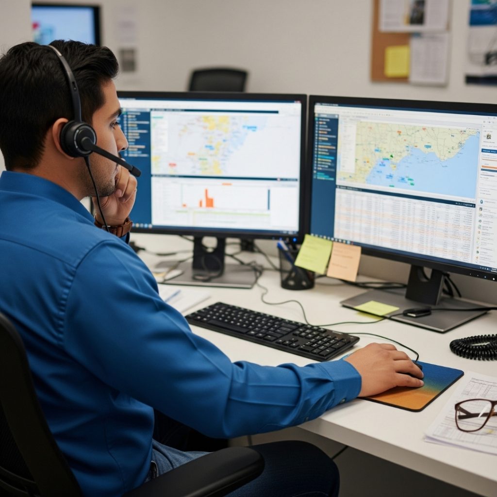 Freight dispatcher speaking on a headset while reviewing freight lane options on dual monitors