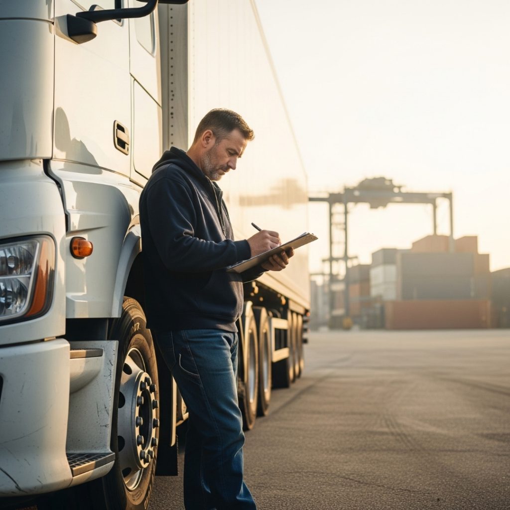 Truck driver working on a cliupboard