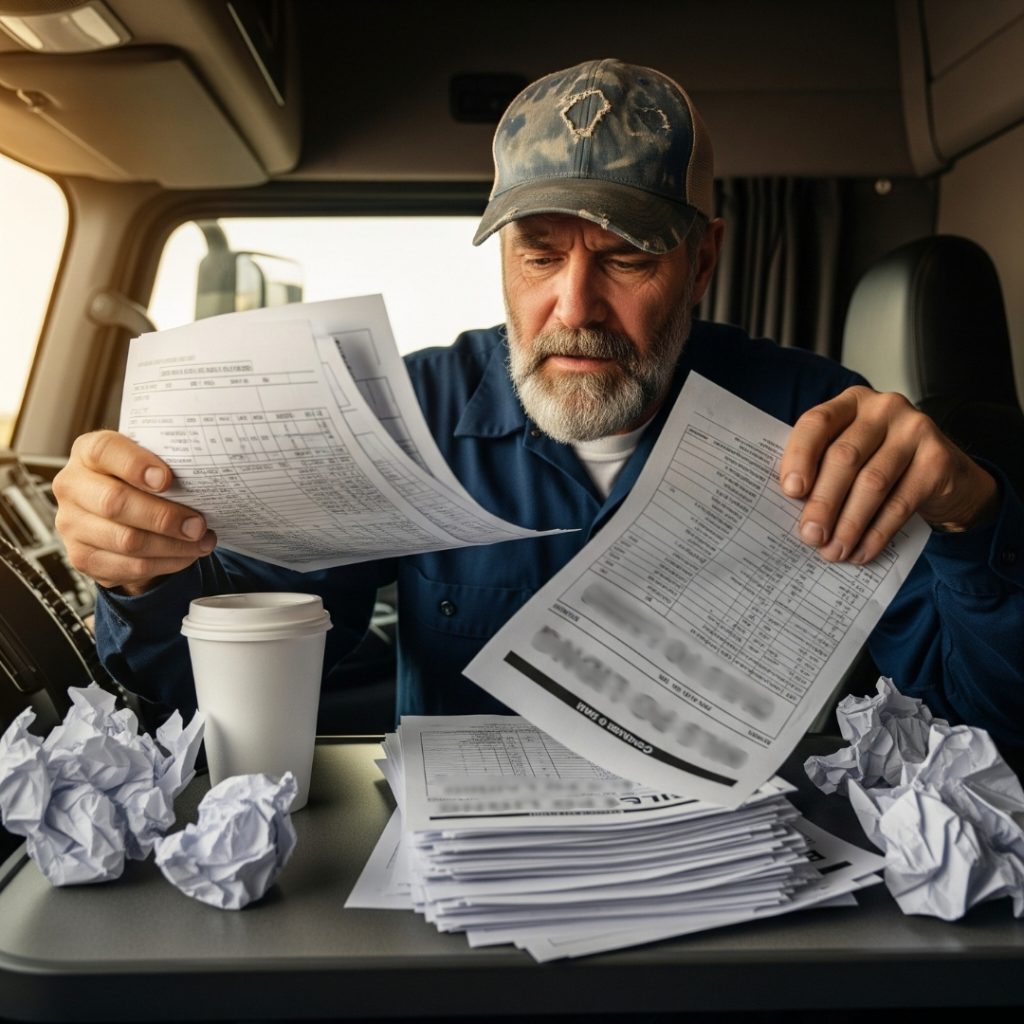 Truck driver looking frustrated while flipping through printed BOLs
