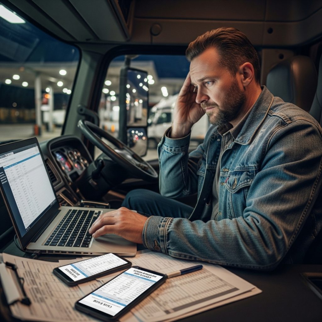 Parked driver working through paperwork