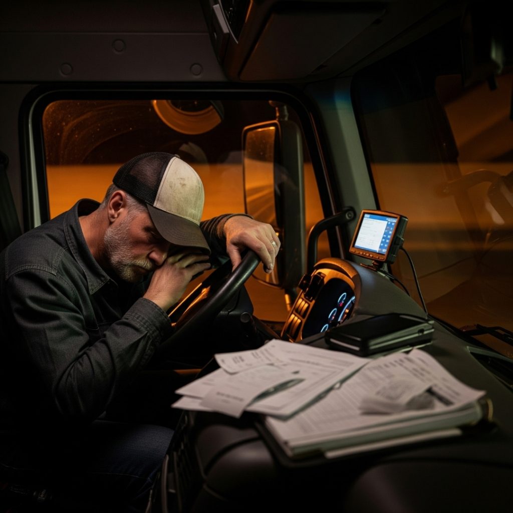 Exhausted solo trucker sitting in the driver seat, head resting against hand