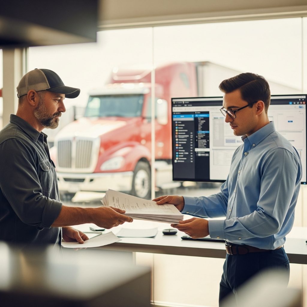 Truck driver handing off paperwork to a back-office team member