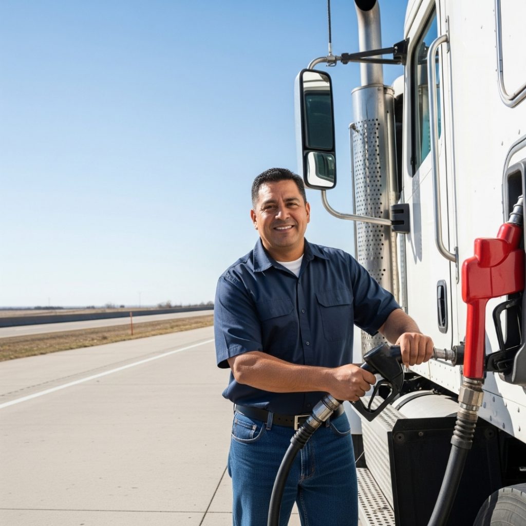 Truck driver smiling as he fills his gas tank