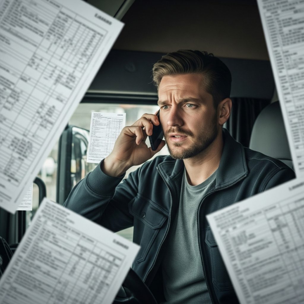 Truck driver looking frustrated while on the phone