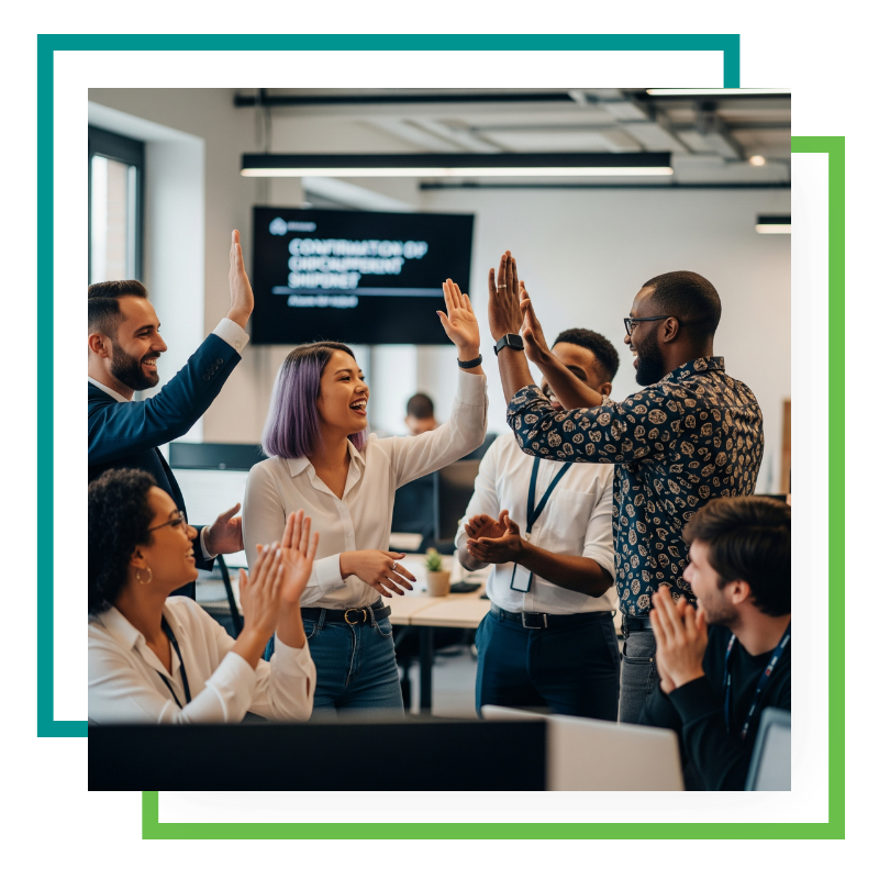 Team high-fiving in an office