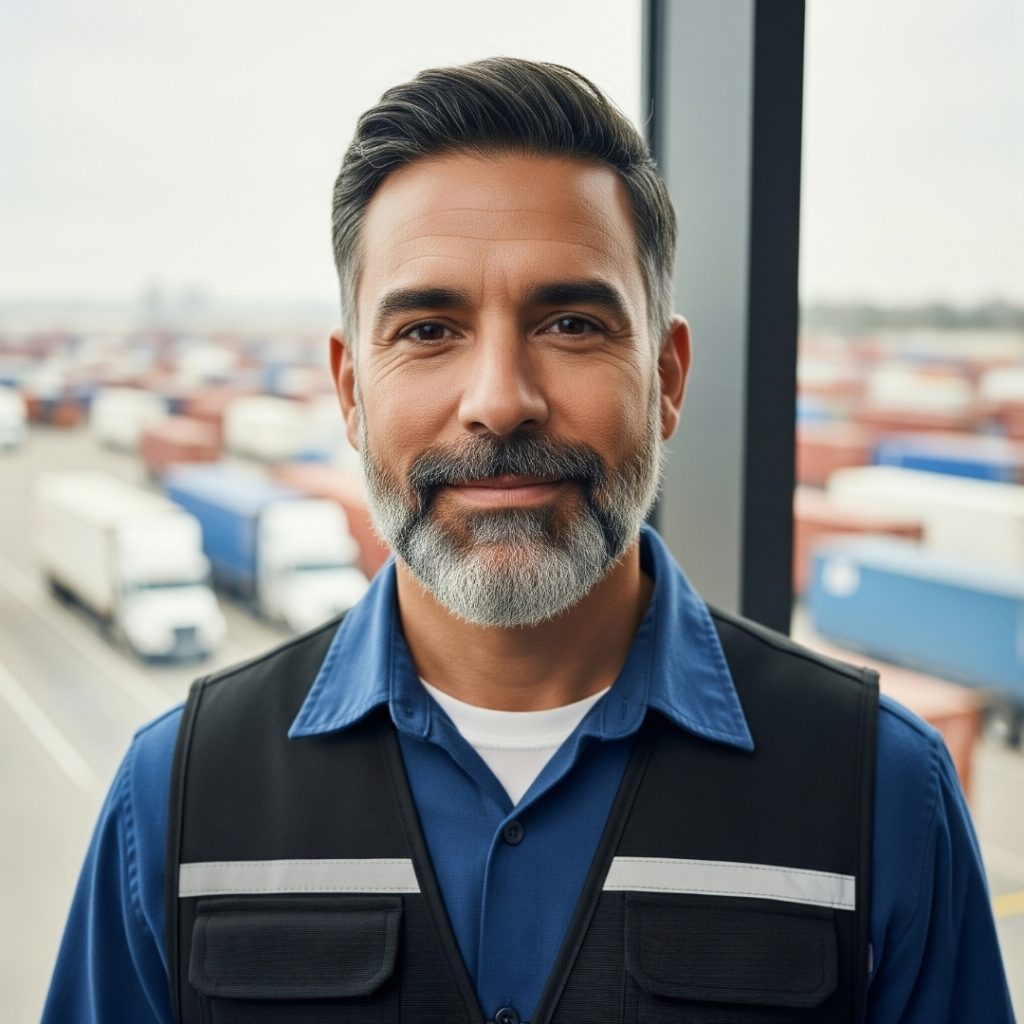 Man in front of a logistics port