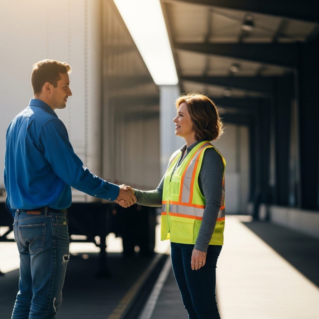Trucker shaking hands with a shipper at a loading dock