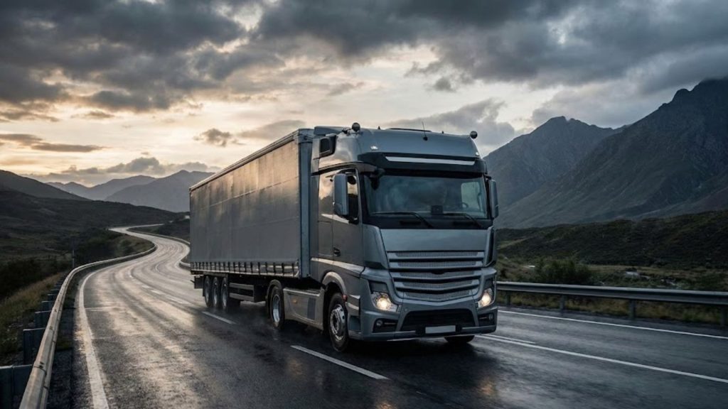 A silver semi-truck driving on a wet, winding mountain road under cloudy skies at dusk.