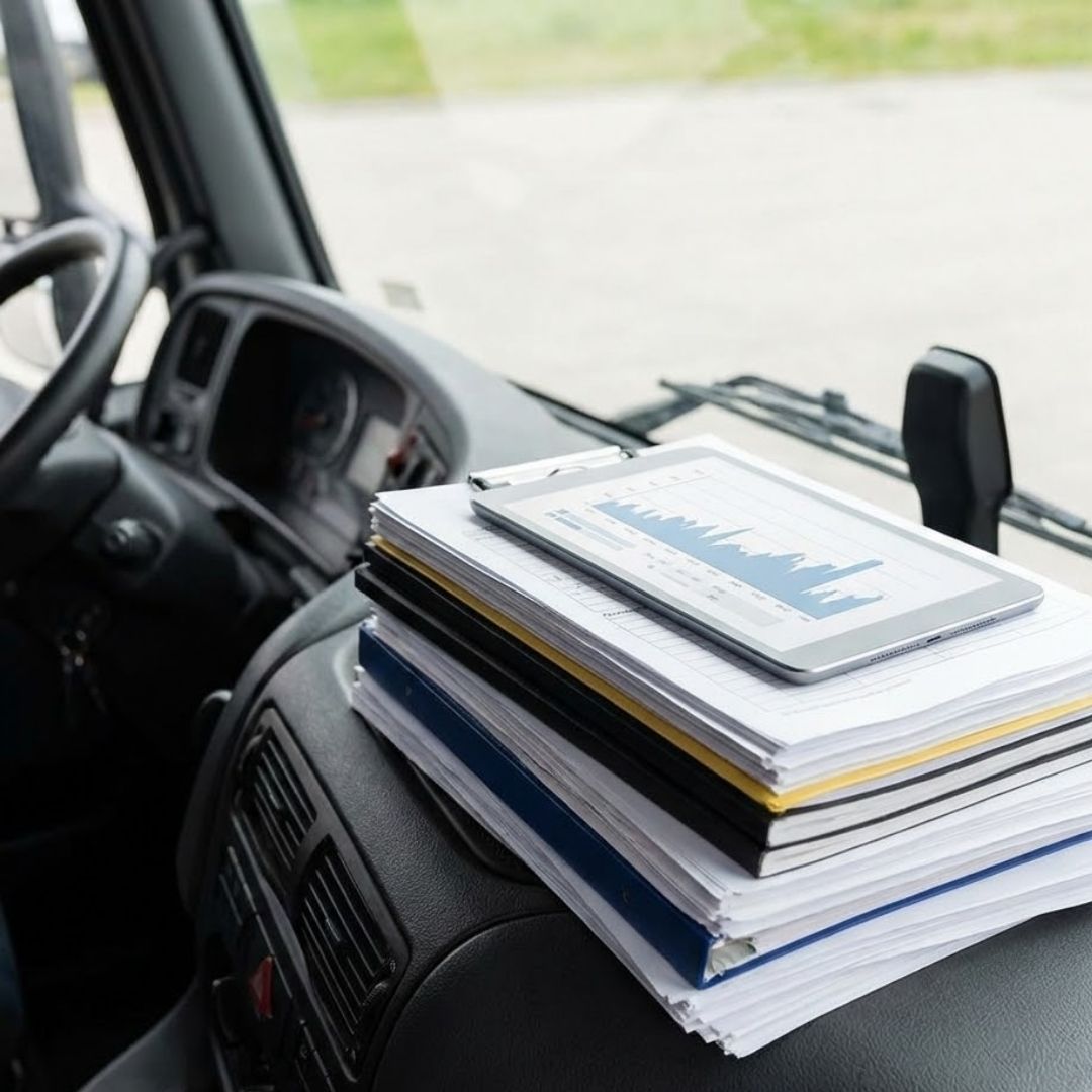 A stack of paperwork, logbooks, and a tablet with data charts sitting on a truck's dashboard.