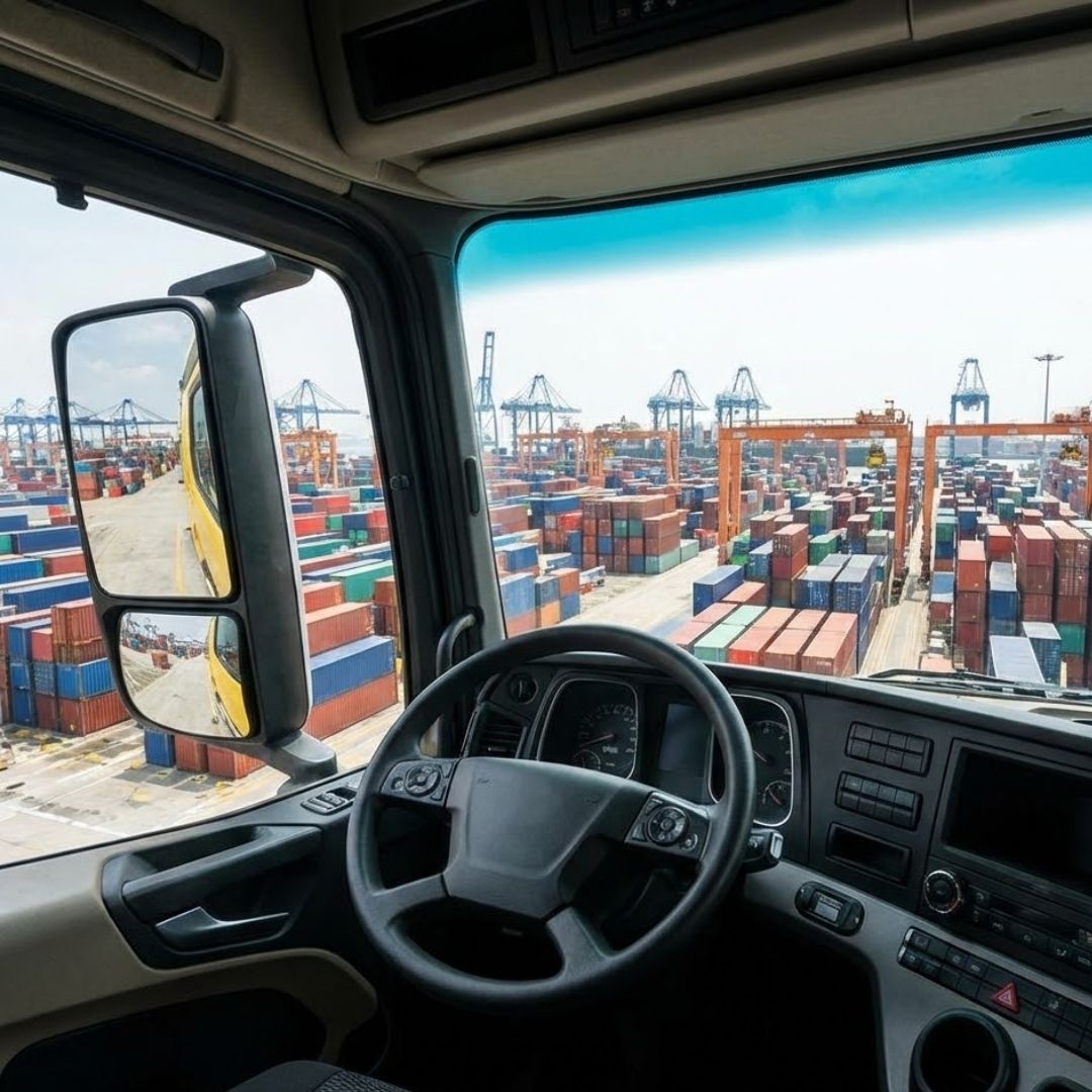View from inside a truck cab looking out at a large shipping container terminal.