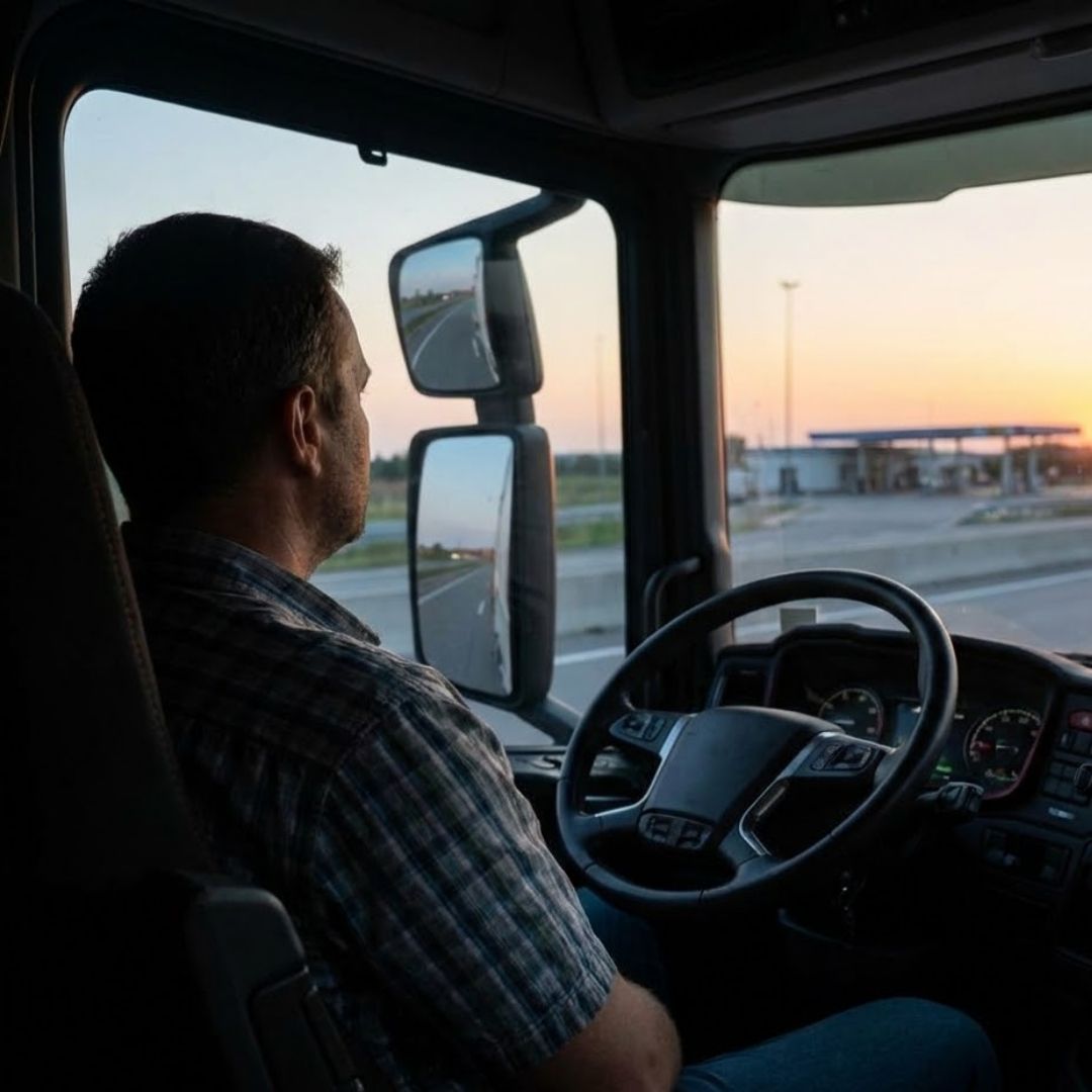A truck driver inside the cab looking out the window at a highway sunset