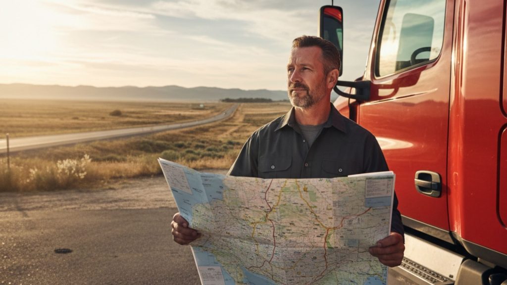 man standing outside of a semi-truck holding a map