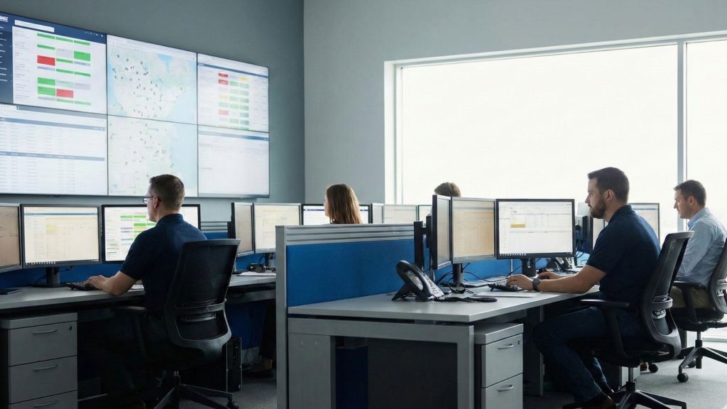 A wide view of a modern, busy truck dispatch center with logistics data displayed on large wall monitor