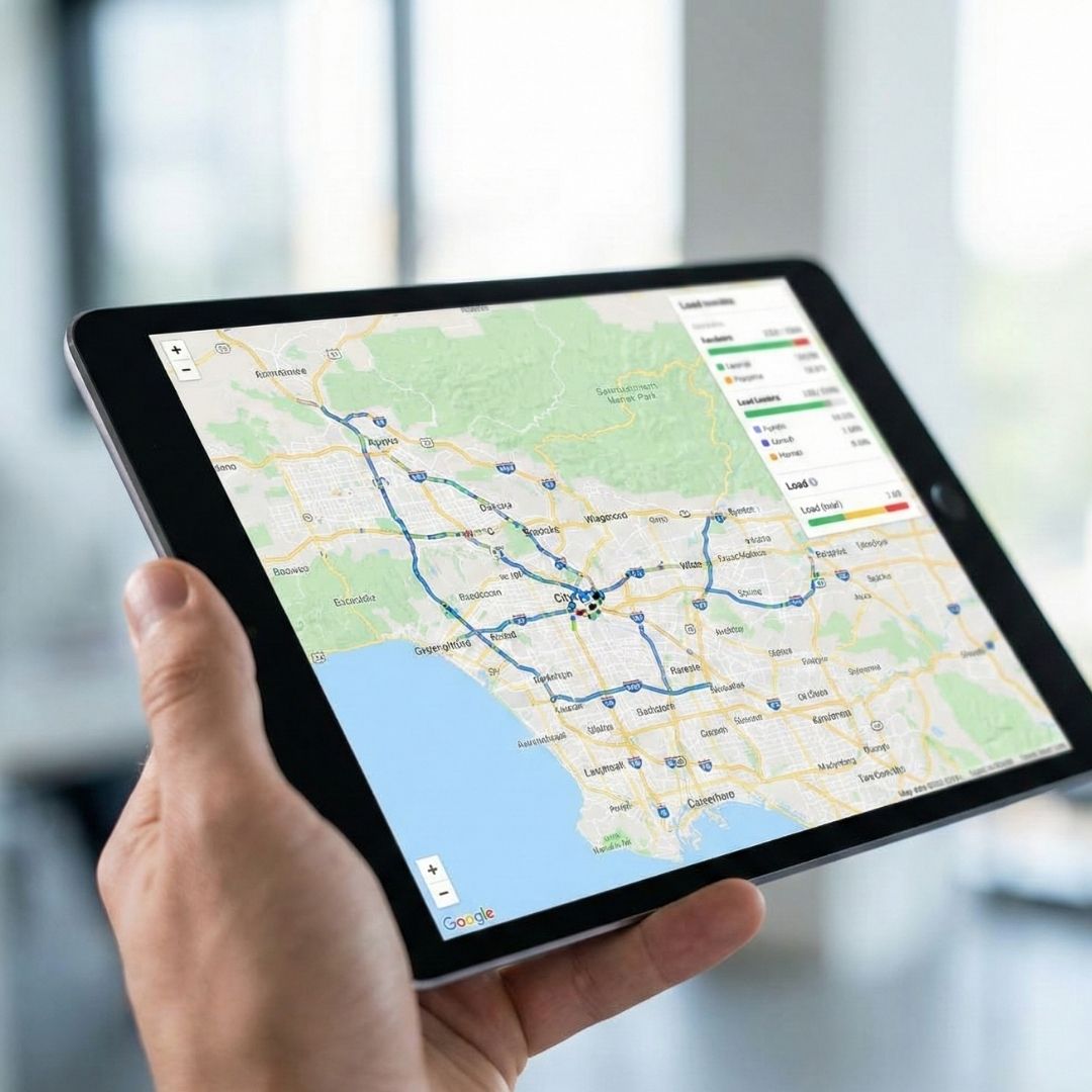 A close-up of a hand holding a tablet displaying digital mapping and route optimization software.