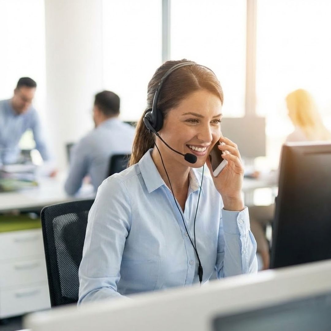 A smiling female dispatcher wearing a headset and handling a call at her desk in an office.
