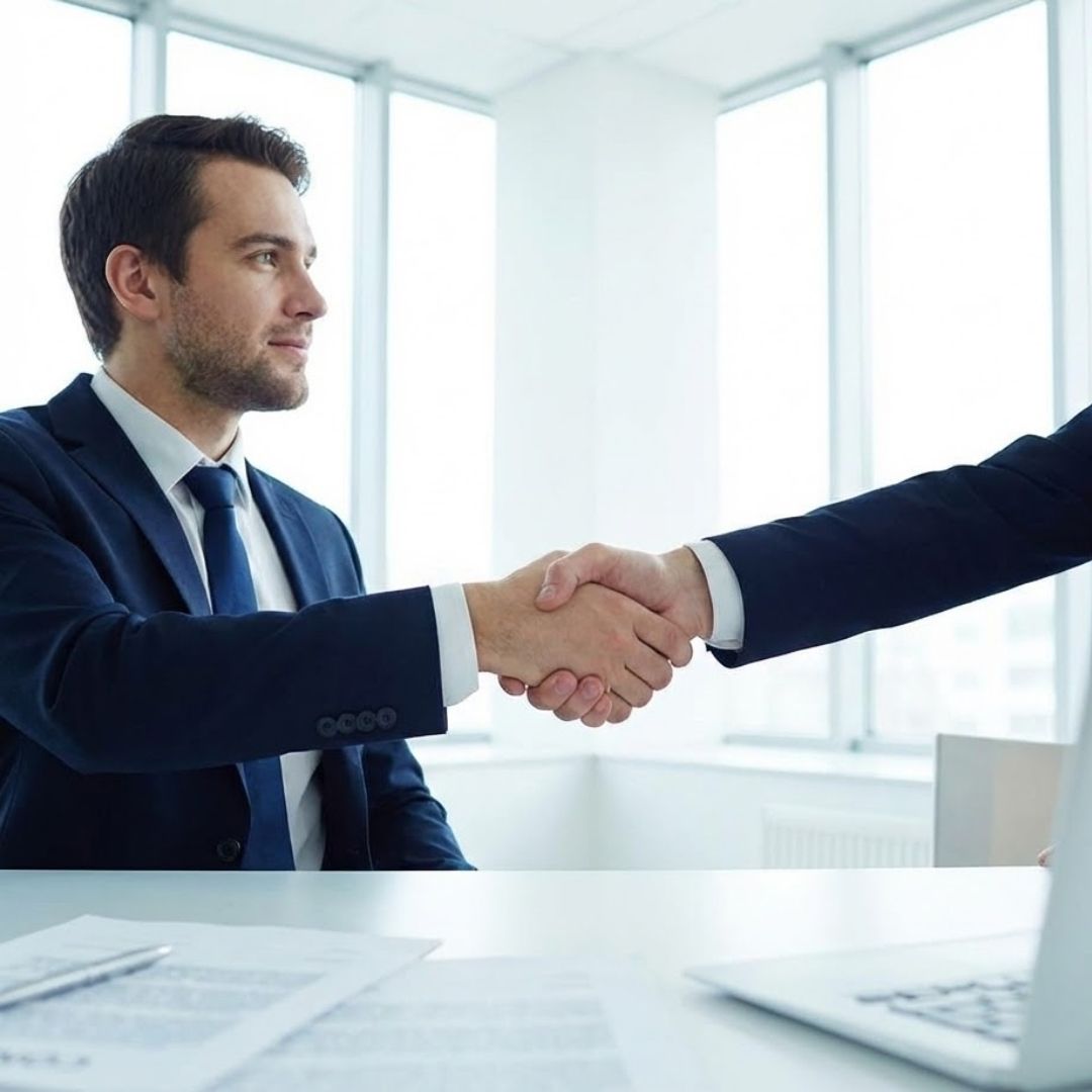 Two businessmen shaking hands over a desk with contracts, symbolizing a successful negotiation.