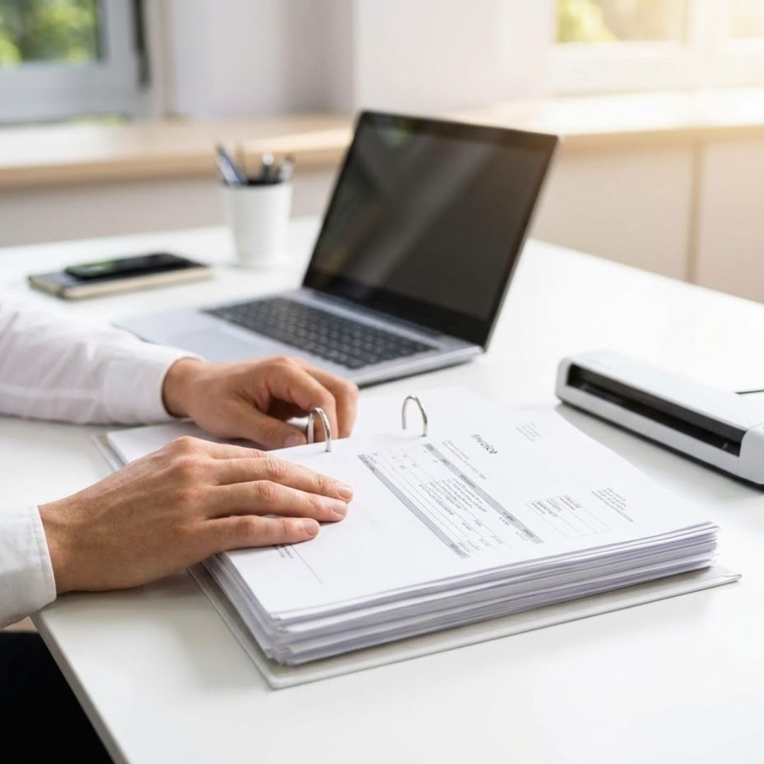 Hands organizing a binder of invoices and paperwork next to a laptop and document scanner.
