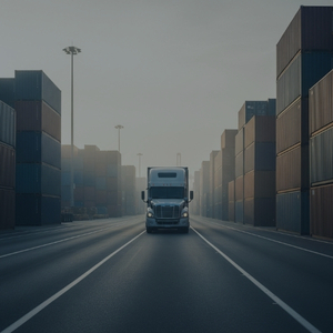 Semi-truck driving through a port