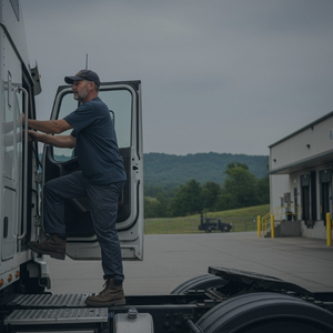 Truck driver stepping into the truck cab