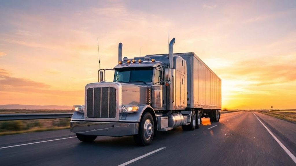 A modern semi-truck driving on a scenic highway at sunset, representing owner operator trucking freedom.