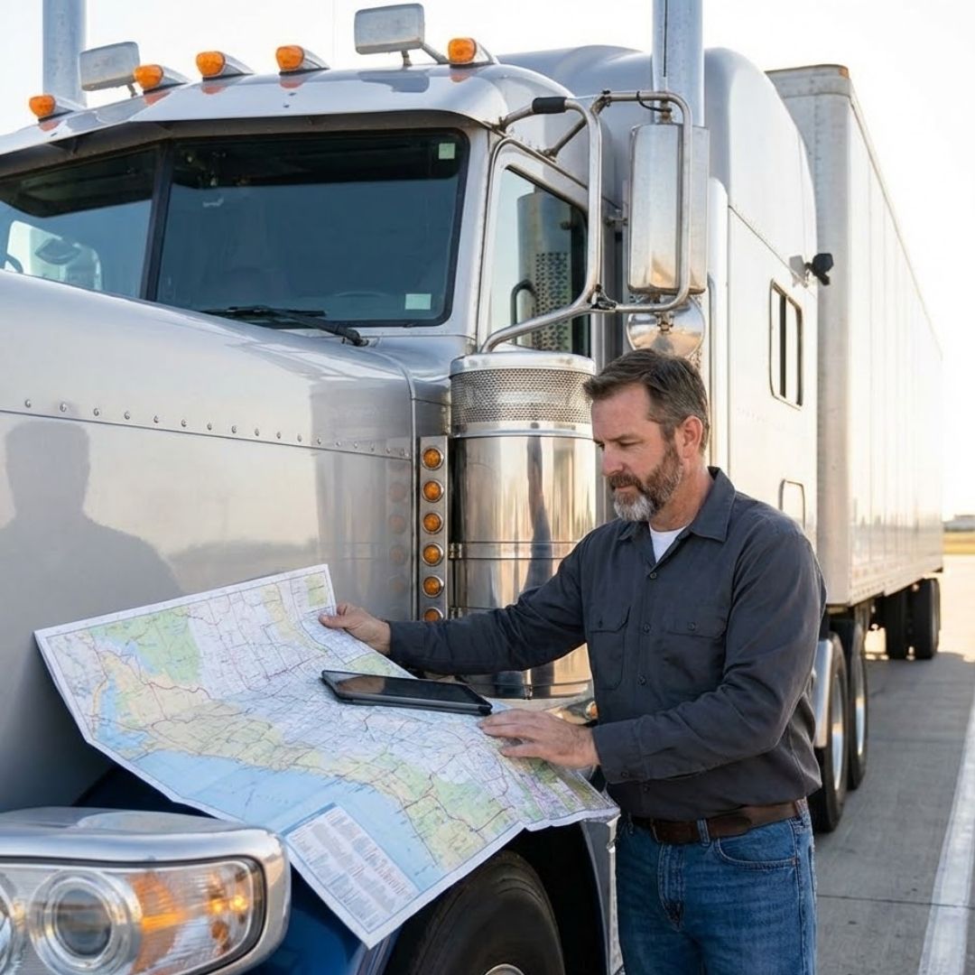 A confident truck driver planning their own route and schedule.