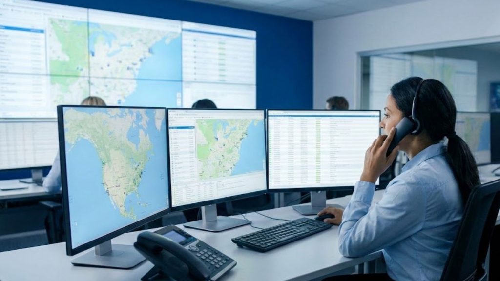 A professional dispatcher wearing a headset in a modern logistics control room with map screens.