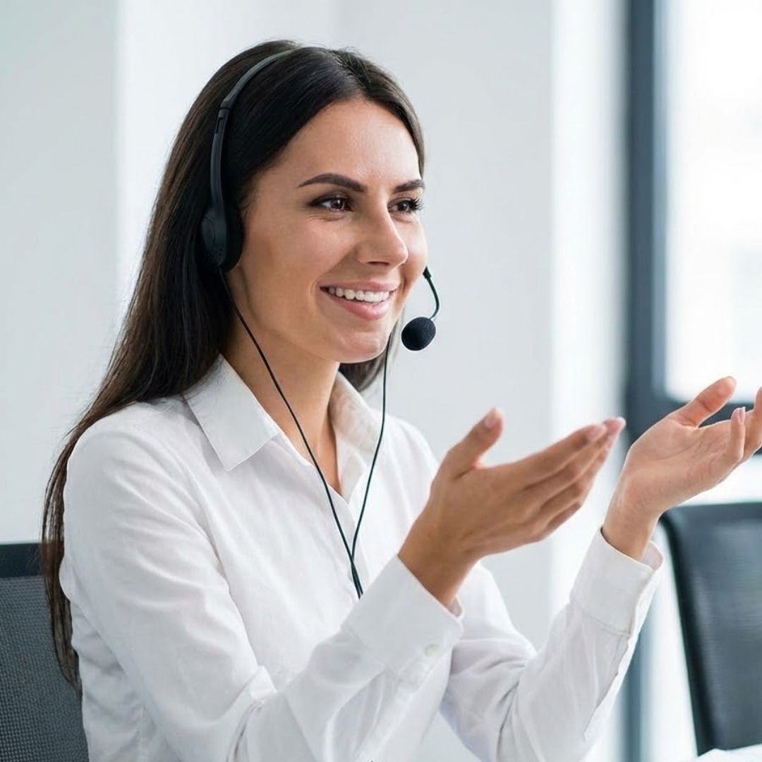 Close-up of a smiling dispatcher with a headset communicating effectively at her desk.