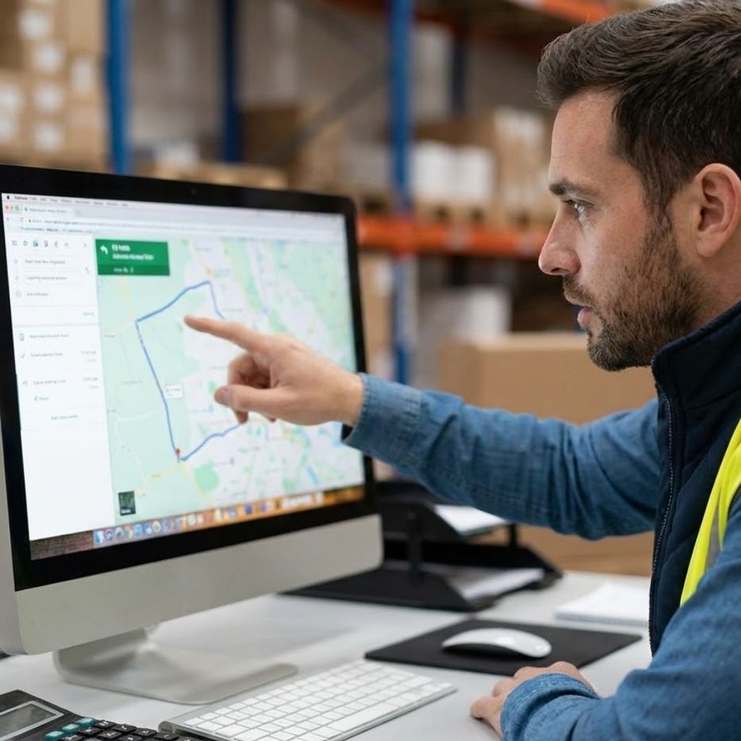 A logistics professional pointing at a digital map on a screen, actively solving a routing problem in a warehouse setting.