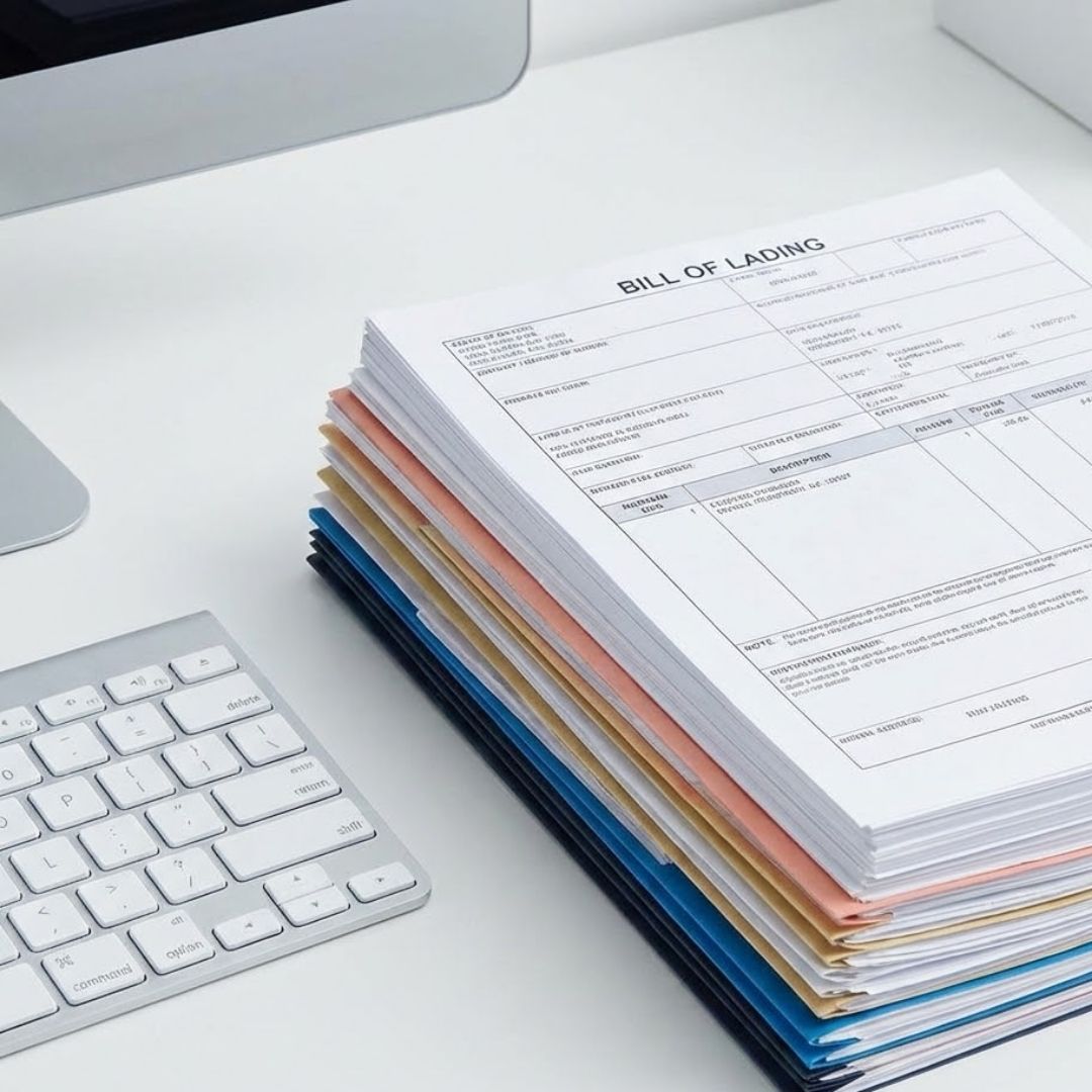 Stack of organized bills of lading and invoices next to a computer keyboard.